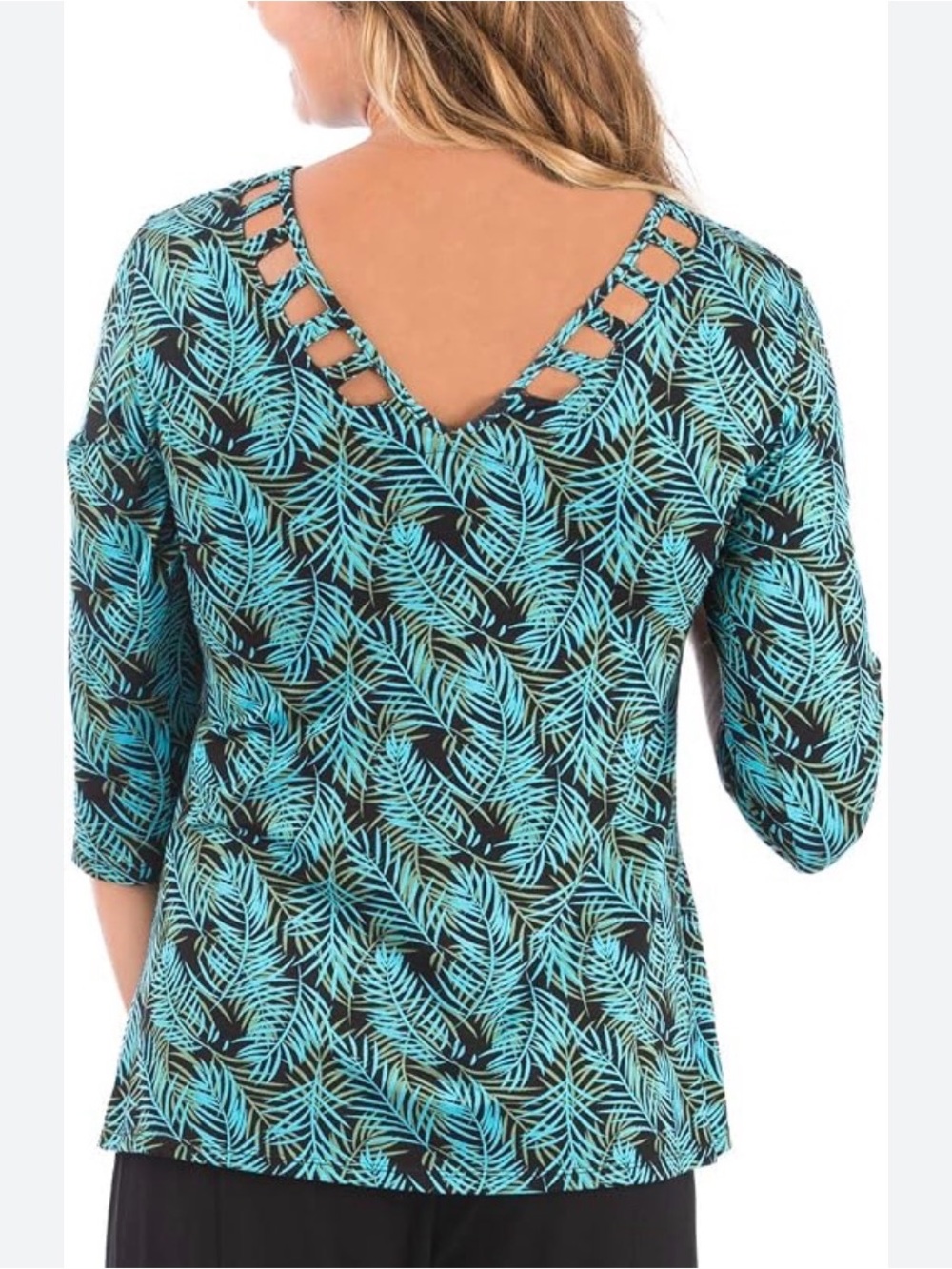 🌻 Blue Leaf-Print Cutout Neck Blouse  C349
